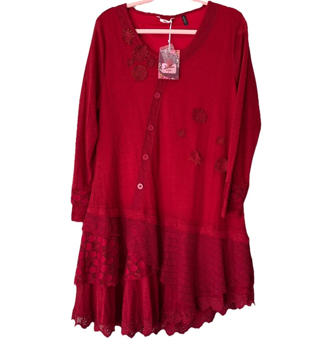 NWT Joe Browns Boho Red Knit Tiered Dress Sz 14 Romantic Fairycore Mixed Media